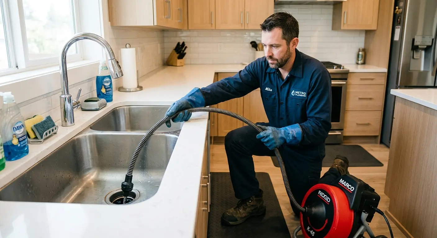 Drain cleaning technician using a motorized snake on a kitchen sink in Gibsonton