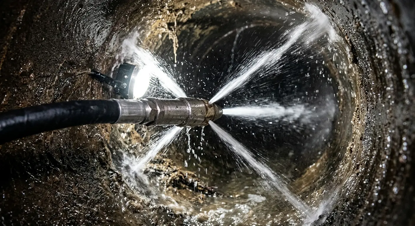 High-pressure hydro jetting nozzle cleaning sewer pipe for Trenchless Sewer Repair in Gibsonton
